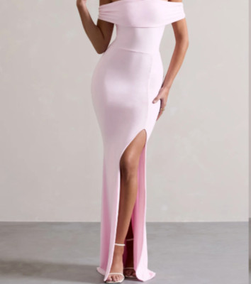 Club L Law of Attraction Pink Bardot Draped Split Maxi Dress UK 12 BNWT rrp £60