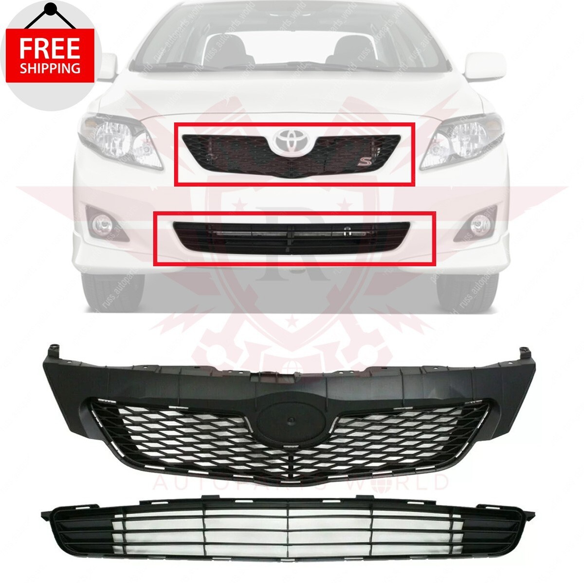 New Front Bumper Upper & Lower Grille Black set 2PC For 2009