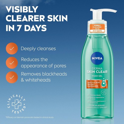 NIVEA Derma Skin Clear Wash Gel 150ml, Deep Cleansing Face Wash Gel, Salicylic - Picture 2 of 9