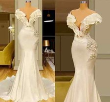 Pearls Mermaid Wedding Dresses Sexy Off The Shoulder Satin Ruffles Bridal Gowns