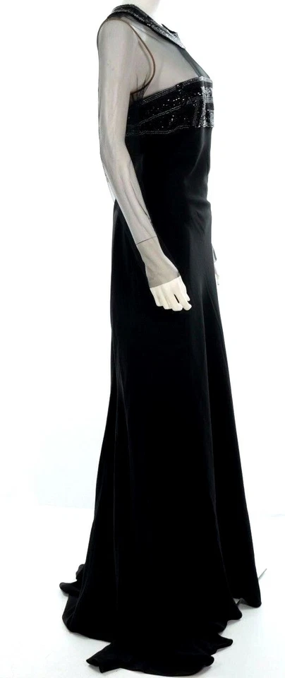 Vestido de noche Carmen Marc Valvo negro transparente con joyas hasta el suelo talla 12 Foto 3 de 4