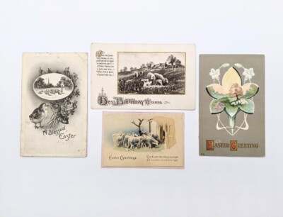 4 Antique Vintage Easter Postcards Embossed Inset Image Black & White Die Cut