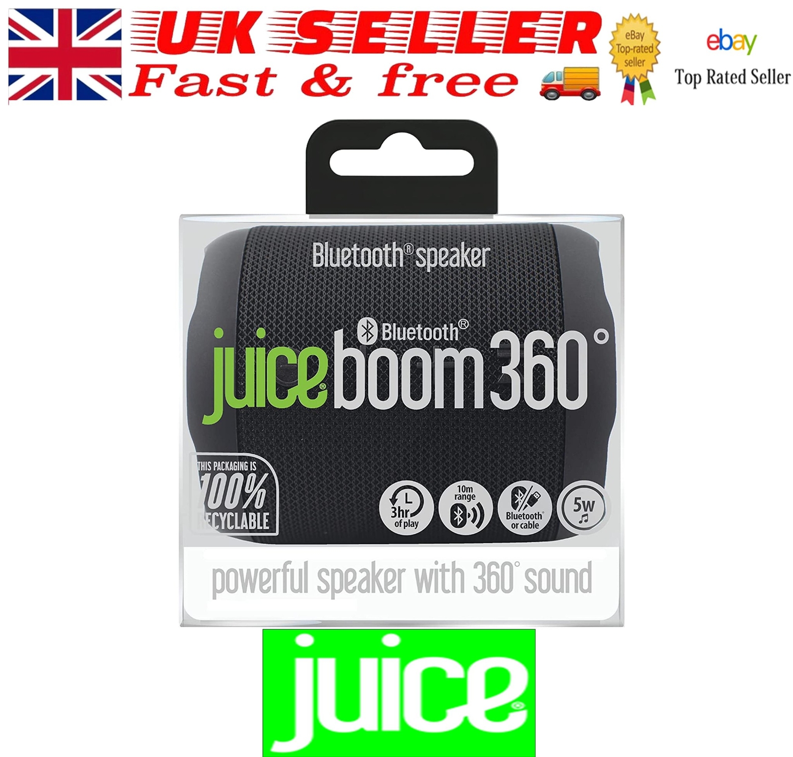 Juice Boom 360, Universal Portable Bluetooth 5W Speaker, IPX4-10m Bluetooth Rang