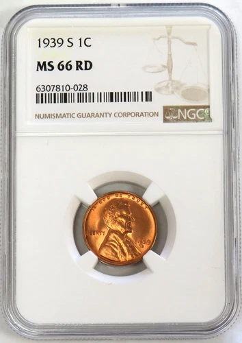 1939 S LINCOLN WHEAT CENT COIN NGC MINT STATE 66 RED