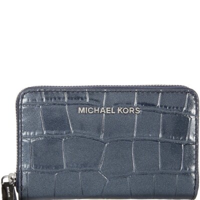 Michael Kors Jet Set Small Zip Around Navy Leather Card Case Glimmer Croco New