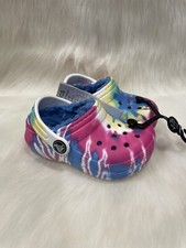 NEW Crocs Pink Blue Yellow Tie Dye Fur Lined Clog Shoes size C 6 NWT