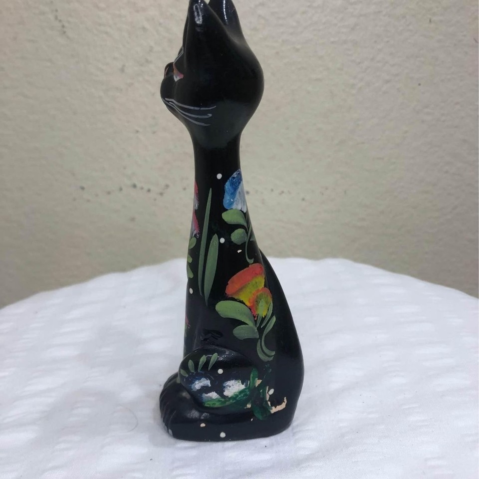 VTG Mid Century Ceramic Long Neck Black Cat Pottery Figurine Hand