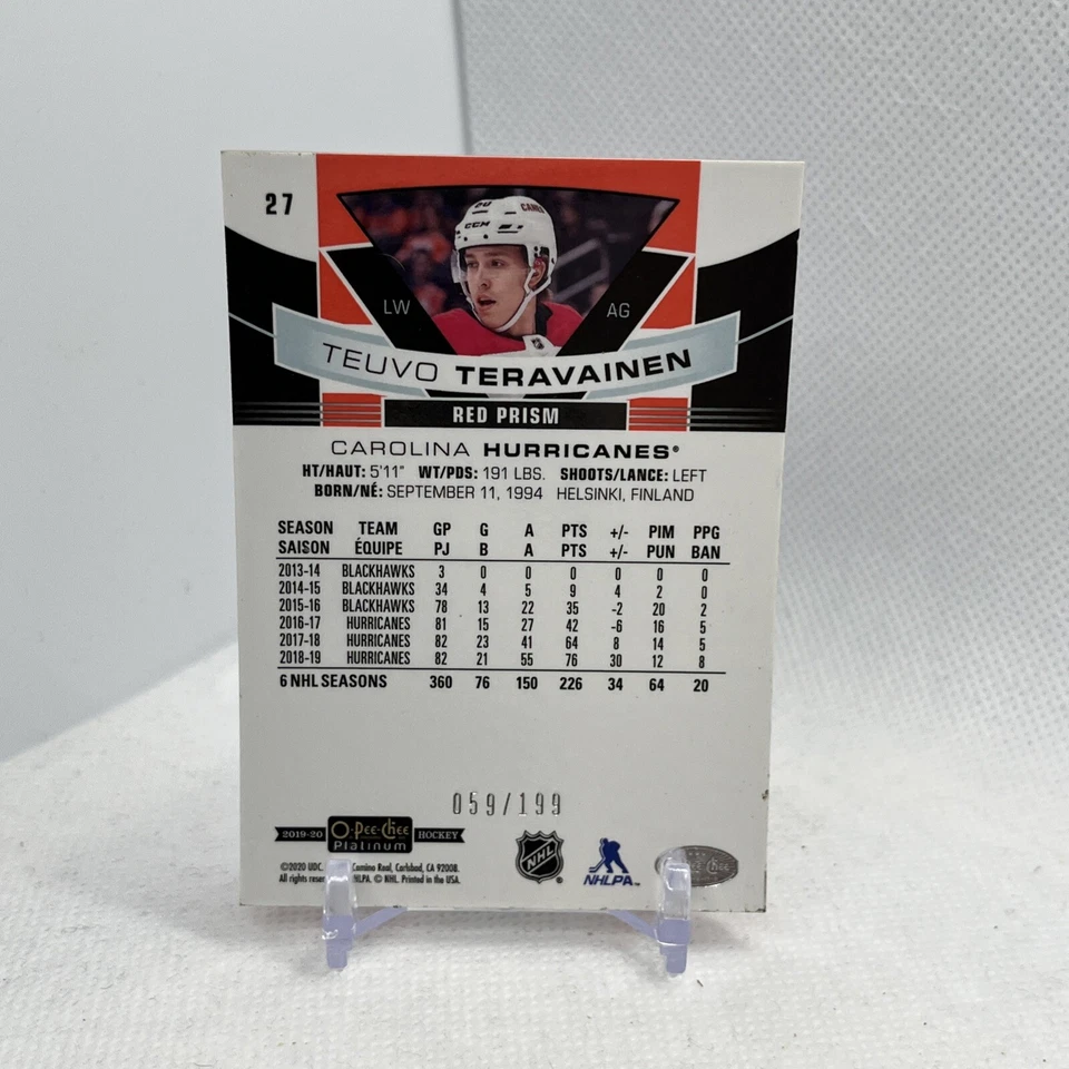 2019-20 O-PEE-CHEE PLATINUM TEUVO TERAVAINEN #27 #ed /199 RED PRISM - Image 4 of 4