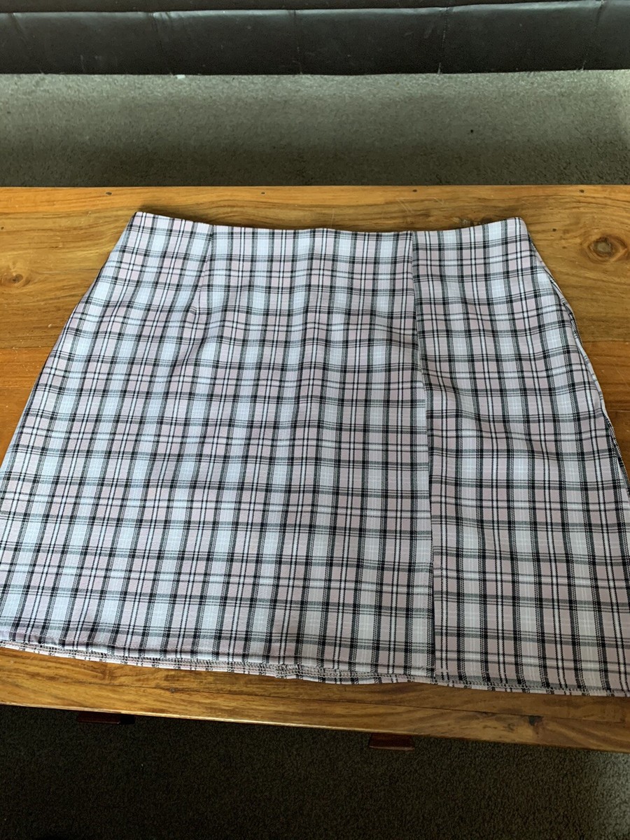 Ladies Shein Light Pink Check Plaid Mini Skirt size L UK