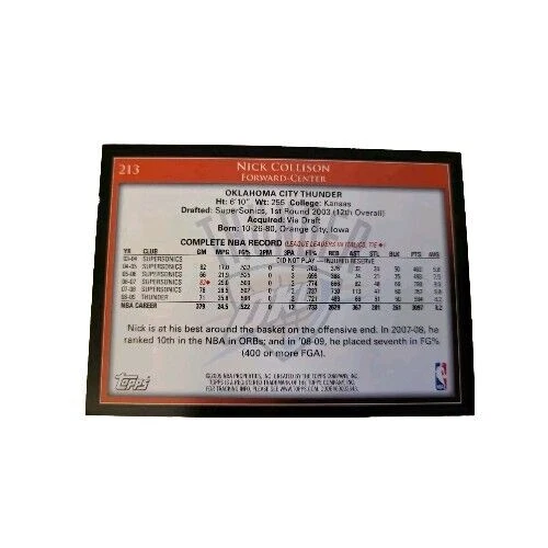 2009 Topps Oklahoma City Thunder NBA Basketball Card #213 Nick Collison (E2 - Image 2 of 2