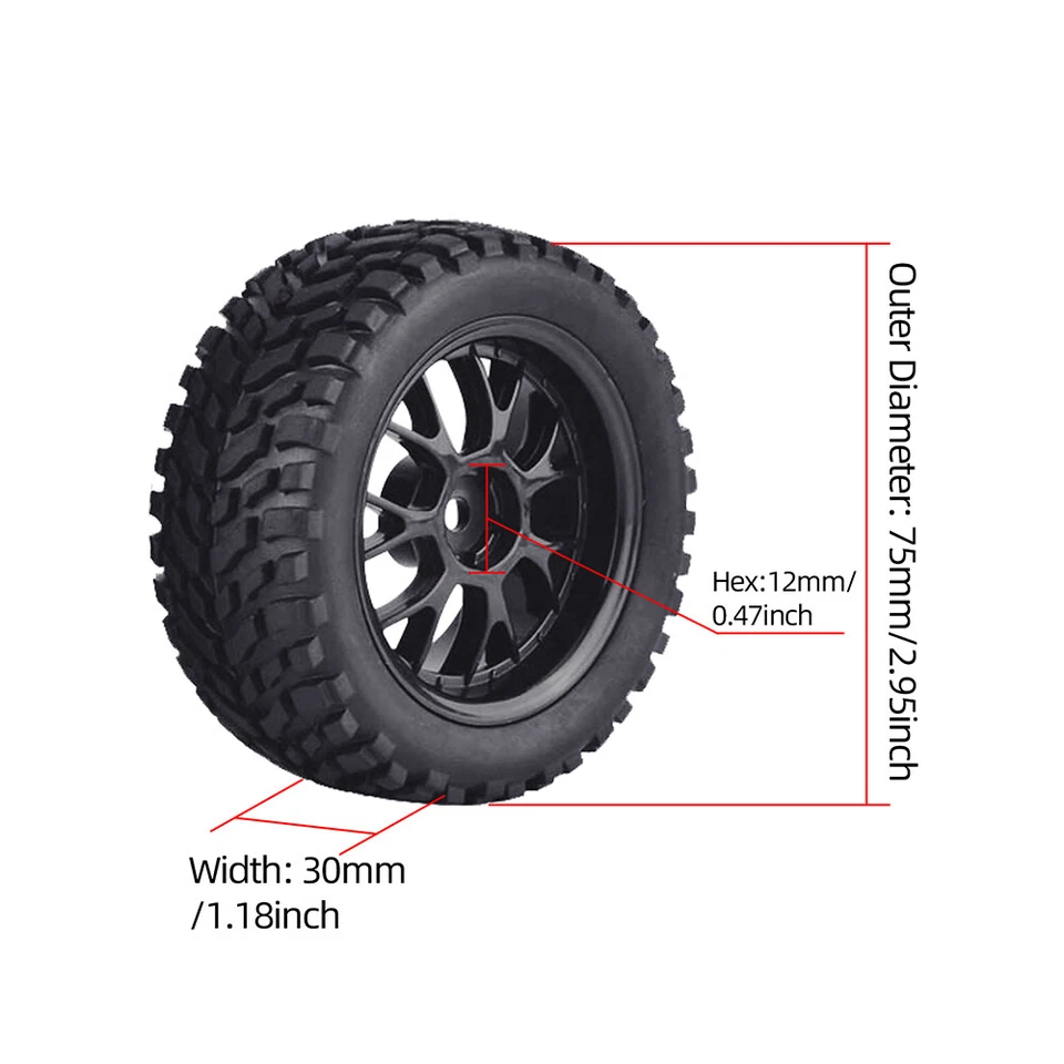 4Stk 75 mm Offroad Buggy Reifen Rad 12 mm Sechskantnaben für 1/10  RC Rennwagen - Bild 4 von 4