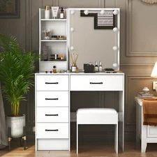 Vanity Desk with Mirror and 10 LED Lights, Dressing Table with 6 Drawers, White