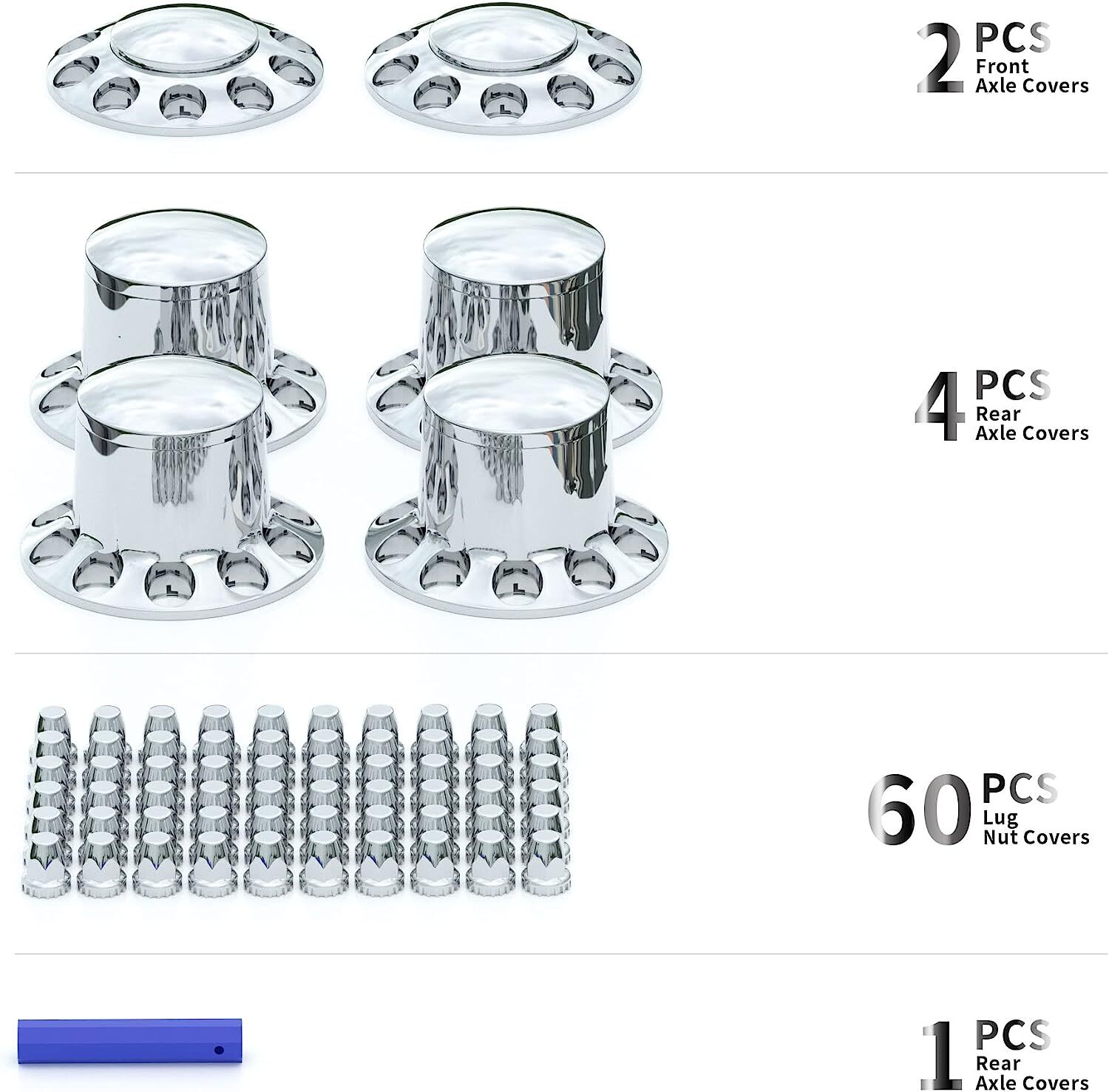 Chrome Hub Cover Semi Truck Wheel Kit Axle Cover 33mm Lug Front & Rear