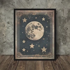 MOON STAR CELESTIAL Wall Art, Retro Space Full Moon Poster, Lunar Star Decor