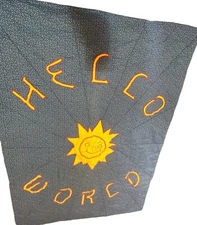 Vintage Handmade Baby Quilt "Hello World" With Sun & Initials