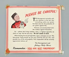 1940's Philip Morris Sign Hotel Motel Room You Are Not Fireproof 5.25" x 6"!