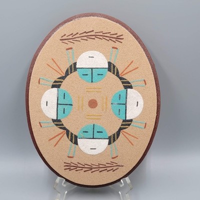 Vintage Navajo Sand Art Painting Wooden Base Signed Oval Houses of the Sun