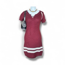 Made by Me Burgundy Cream Striped Knit Dress S Women’s Sweater Dress Fall Casual