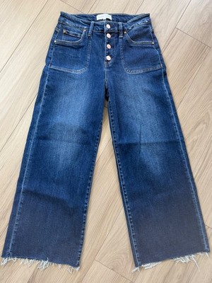 Risen High Rise Crop Frayed Denim Button-fly Jeans Womens Wide Raw Leg 7/28
