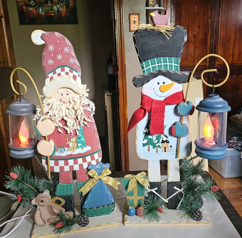 18" Santa and Snowman holding light up lanterns wood Christmas decor