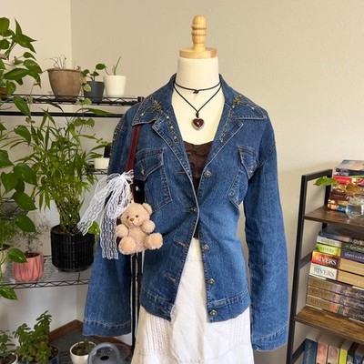 Vintage Y2K Adolfo Jeans Fairy Beaded Embroidered Denim Jacket Womens Large
