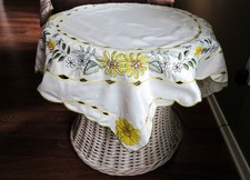 Vintage Embroidered Flower Table Cover, 33" Square Round Cutwork Applique