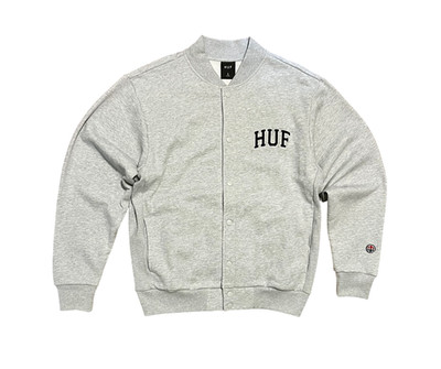 Men's Small HUF Y2K Gray Snap Button Up Streetwear Skate Varsity Jacket