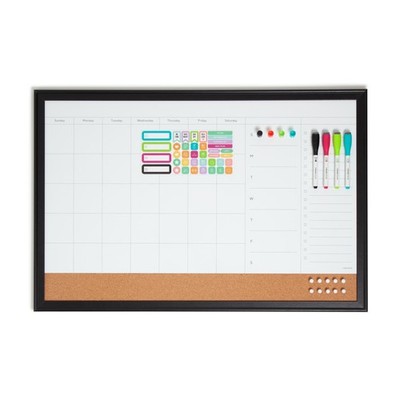 30 x 20 in. Magnetic Dry Erase Calendar Planner Combo Board Black Wood Style