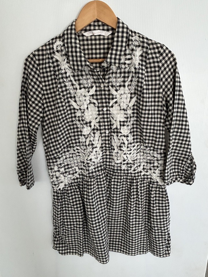 Zara Black White Gingham Shirt Dress Embroidered Floral Midi 3/4 Sleeve Small au