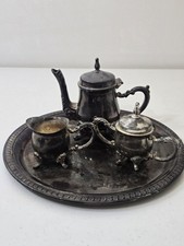 Godinger Silver Art Co. Ltd. Silverplate Tea Set Tray Teapot Creamer Sugar Bowl