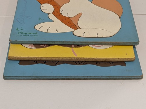 3 Vintage Playskool Sifo Puzzles Wooden Humpty Dumpty•Rabbit•Kitten - Picture 9 of 17