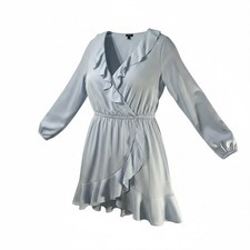 Express Ruffle Wrap Dress Womens Large Light Blue NWT Long Sleeve Mini V-Neck