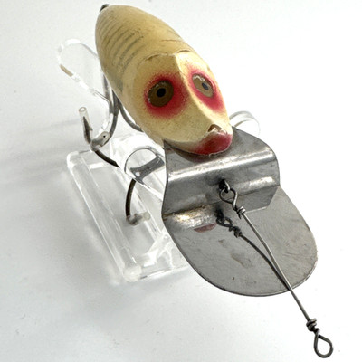 Vintage Heddon Go Deeper River Runt Fishing Lure Gold Eye Rare White Shore Old