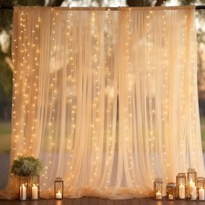 Champagne Tulle Backdrop Curtain W/ Lights Elegant Sheer Photo Backdrop Drapes
