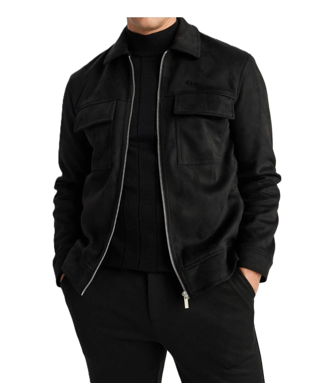 Men's Real Suede Leather Black Trucker Jacket Denim Style Classic Zipper Jacket