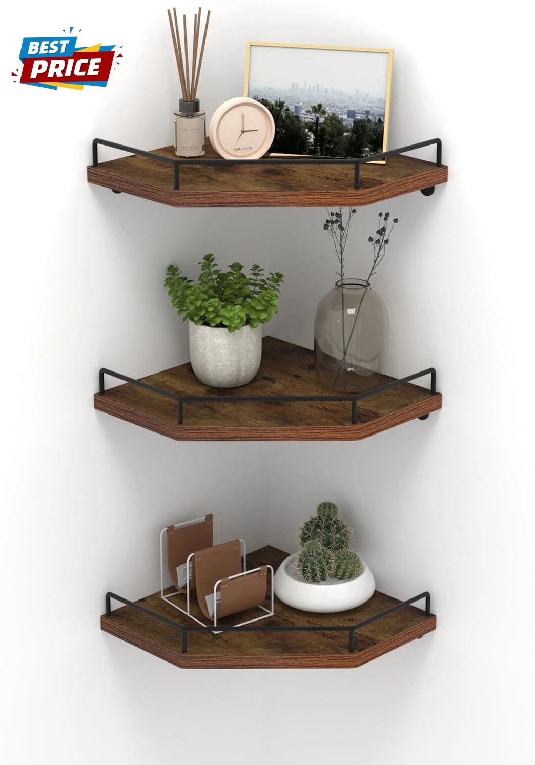 Floating Corner Shelf Wall Mount, 3 Pack Rustic Wood Corner Wall Shelves with Fe