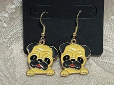 Adorable Pug Dog Gold Loop Enamel Drop Dangle Fashion Fun Earring Set