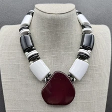 Vintage Miriam Haskell Statement Necklace Black White Bead Chunky Art Deco Clasp