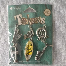 NEW BLUE MOON BEADS 6 PC MUSIC CHARMS TOKENS- HARP, SAX ,TRUMPET, HORN, NOTE