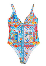 NWT WOMEN'S size L, XL TURQUOISE  RED FLORAL PAISLEY V-NECK ONE PIECE SWIMSUIT