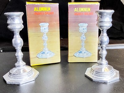  NOS Pair of Solid Aluminum Candle Stick Holders MCM  Retro Tarnish Free