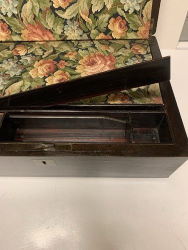 SALE! Antique Rosewood Writing Box Travel Lap Desk Wood Brass Mother Pearl Inlay - Picture 9 of 19