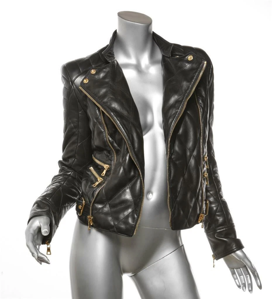 BALMAIN Womens Black Leather Gold Metal Hardware Zips Moto Jacket 0/34 | eBay