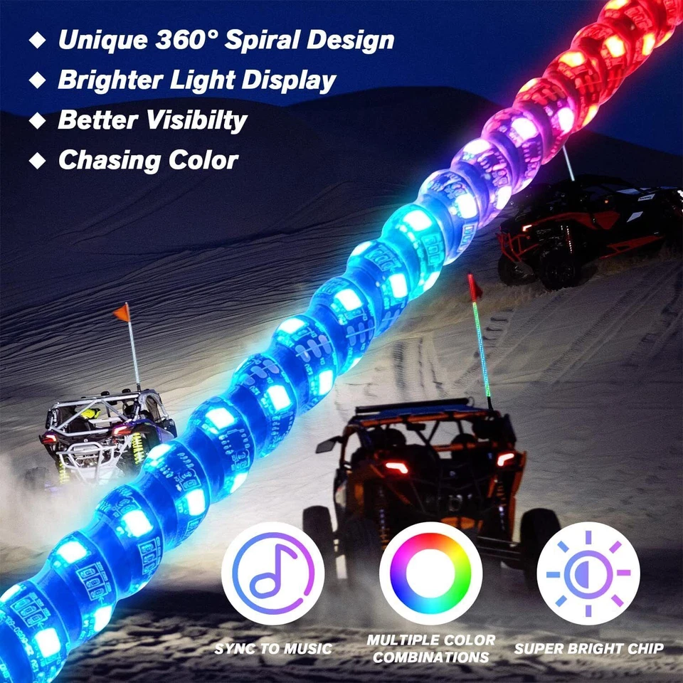 Luz de látigo LED de persecución en espiral de 2X 3 pies con bandera para Can Am Polaris ATV UTV RZR Foto 4 de 4