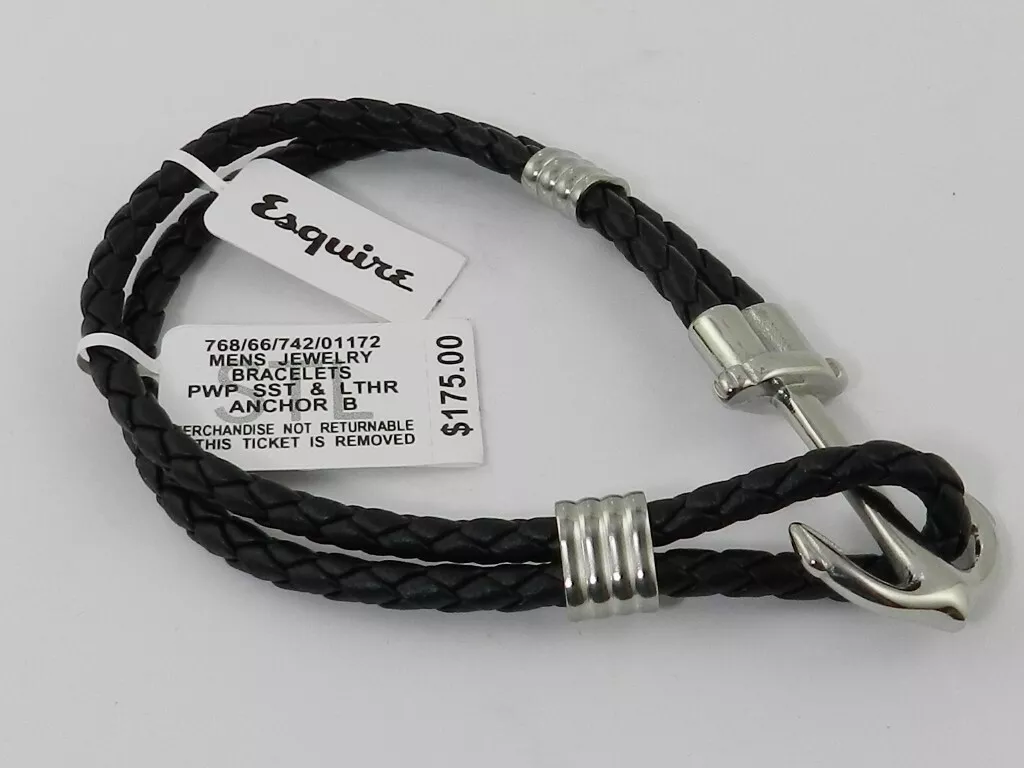 Esquire men's black braided leather anchor bracelet in stainless steel clearance