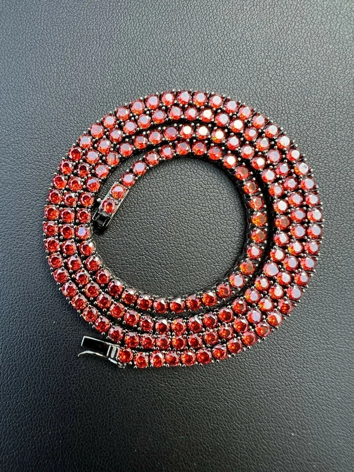 Cadena de tenis real 925 plata esterlina roja circonita cúbica collar 3 mm helado 16-28" helado Foto 4 de 4