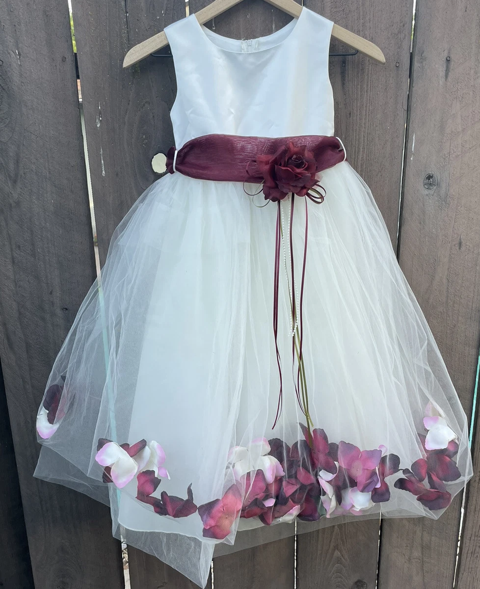 NWT Kids Dream Flower Girl Dress Flower Petal Dress Sash Burgundy Satin 7 8 7 8