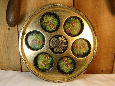 Vintage Wisconsin Souvenir State Metal Tin Round Drink Serving Tray
