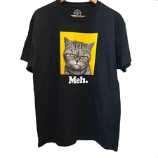 ODM T-Shirt XL Graphic Print Annoyed Cat "Meh" Funny Back to School Black  NEW