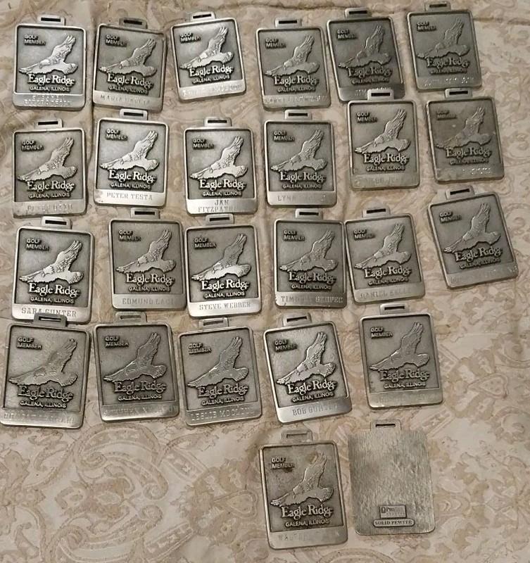 Lot 25 Vintage Golf Bag Tags Solid Pewter Eagle Ridge Galena, I.L.